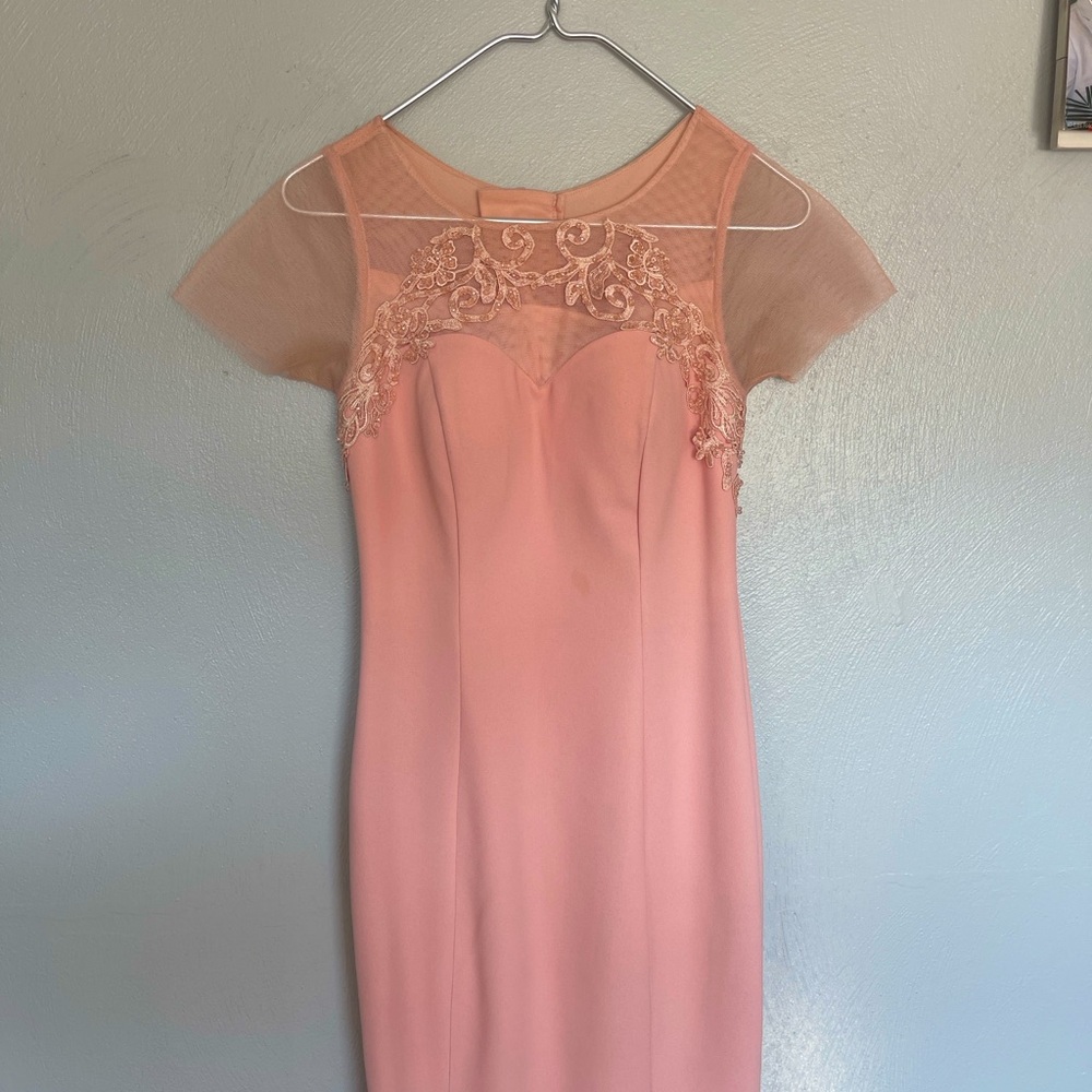 Blush Pink Beaded Lace Illusion Formal Gown Floor Length Dress Size Small 0